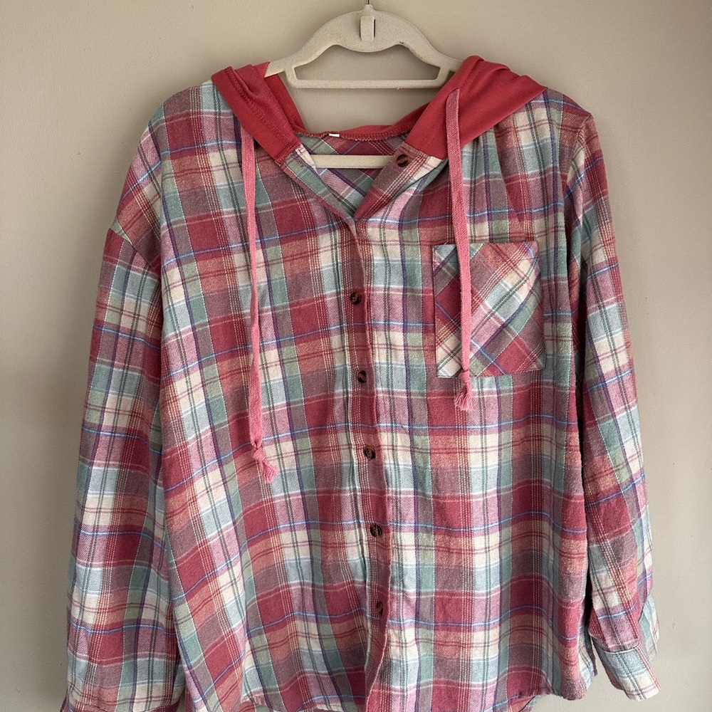 Plaid Hooded Button-Up Shirt